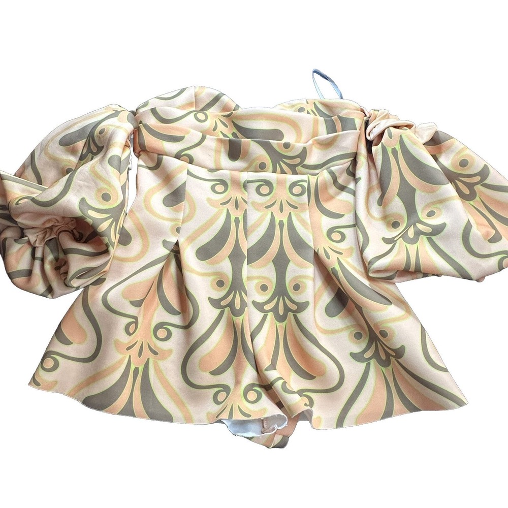 ASOS Design Bardot Extreme Puff Sleeve Romper in Retro Print‎ size 14